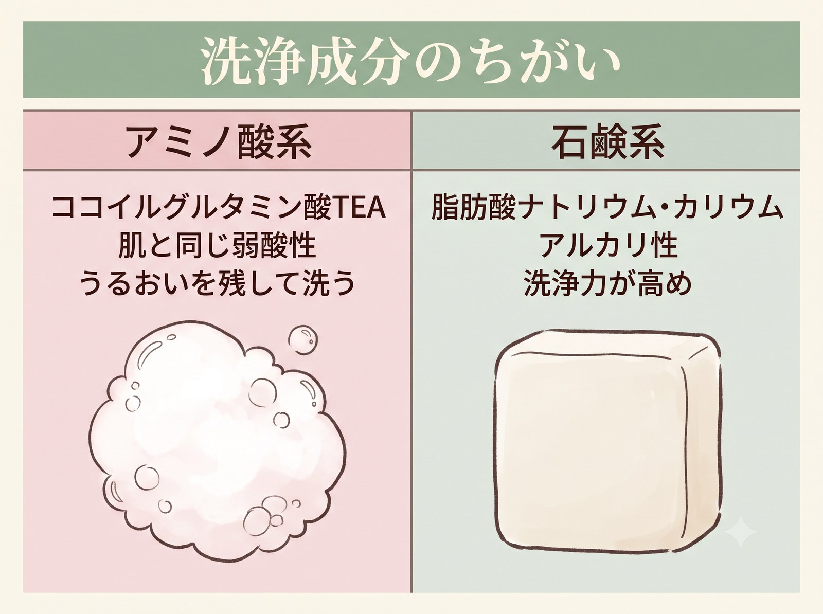 弱酸性のアミノ酸系洗浄成分とアルカリ性の石鹸の違いを示した比較図