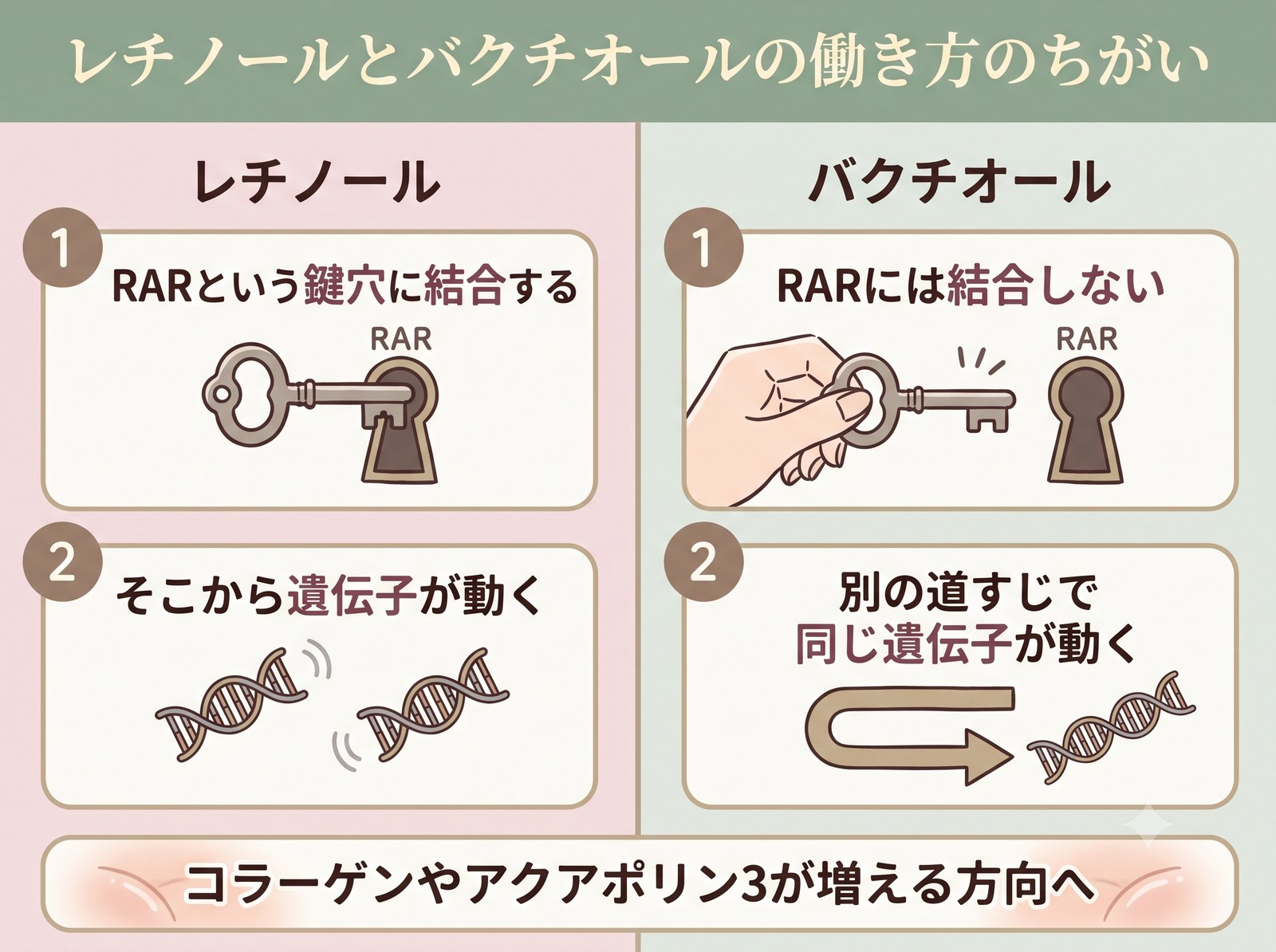 レチノールはRARに結合し、バクチオールは結合しないのに同じ遺伝子群を動かすことを示した対比図