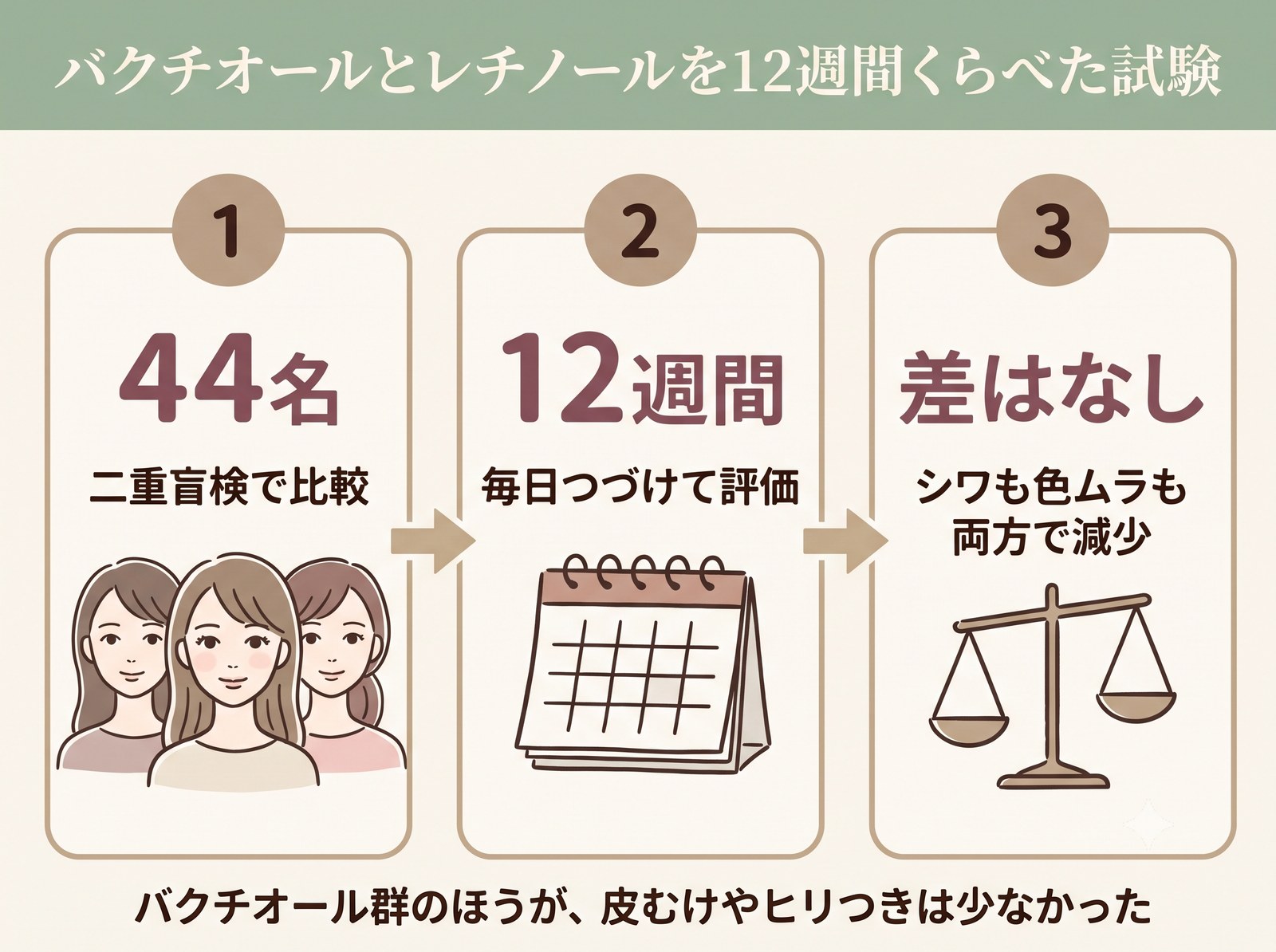 バクチオールとレチノールを12週間比較した臨床試験の規模と結果を示した数値図