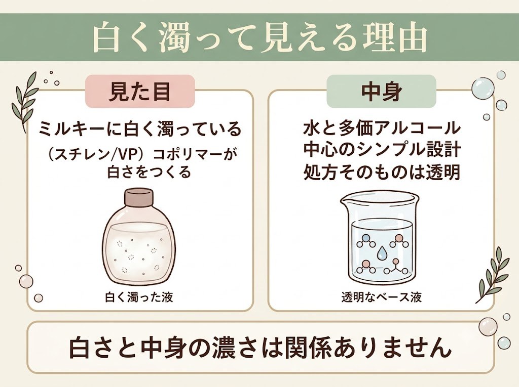 白い外観はスチレンVPコポリマーによるもので処方そのものは透明であることを示した比較図