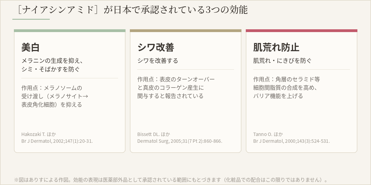 ナイアシンアミドが日本で承認されている3つの効能と作用点の図