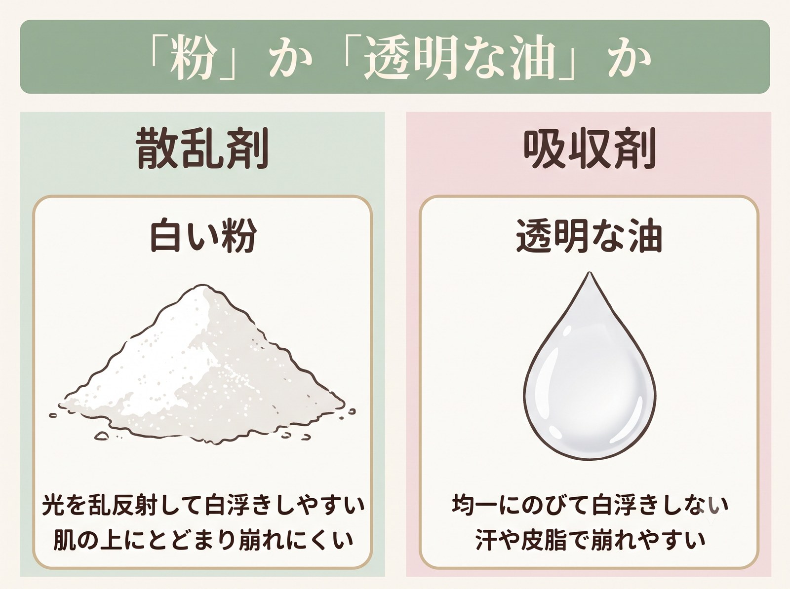 散乱剤は白い粉、吸収剤は透明な油という原料の見た目の違いを示した比較図