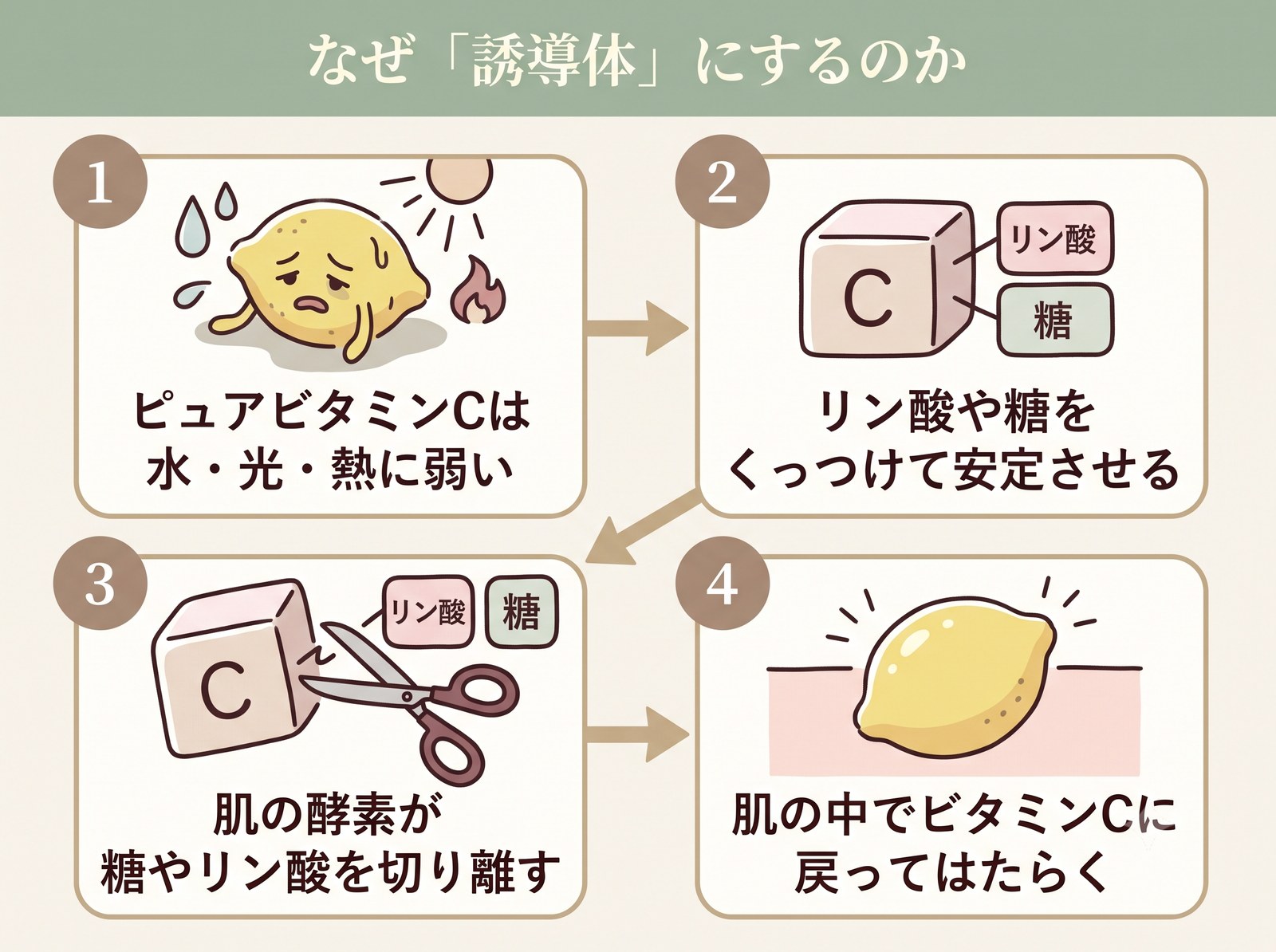 ピュアビタミンCが壊れやすいため安定化して肌でビタミンCに戻す誘導体の設計を示したフロー図