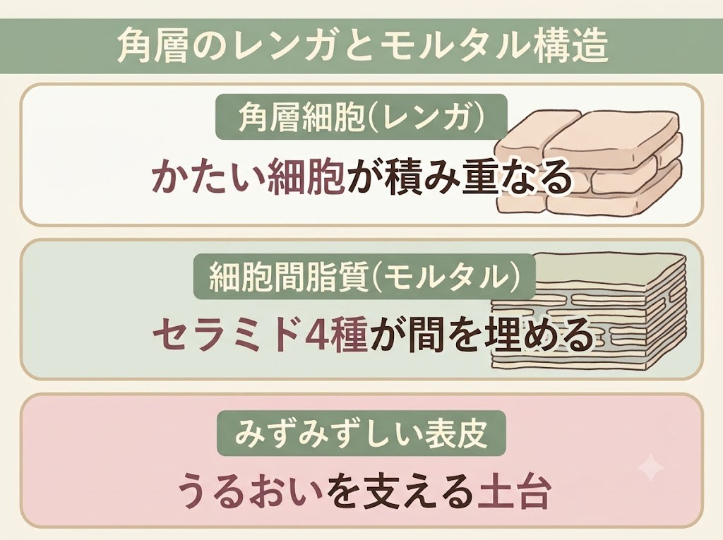 角層細胞と細胞間脂質のレンガとモルタル構造を示したレイヤー図