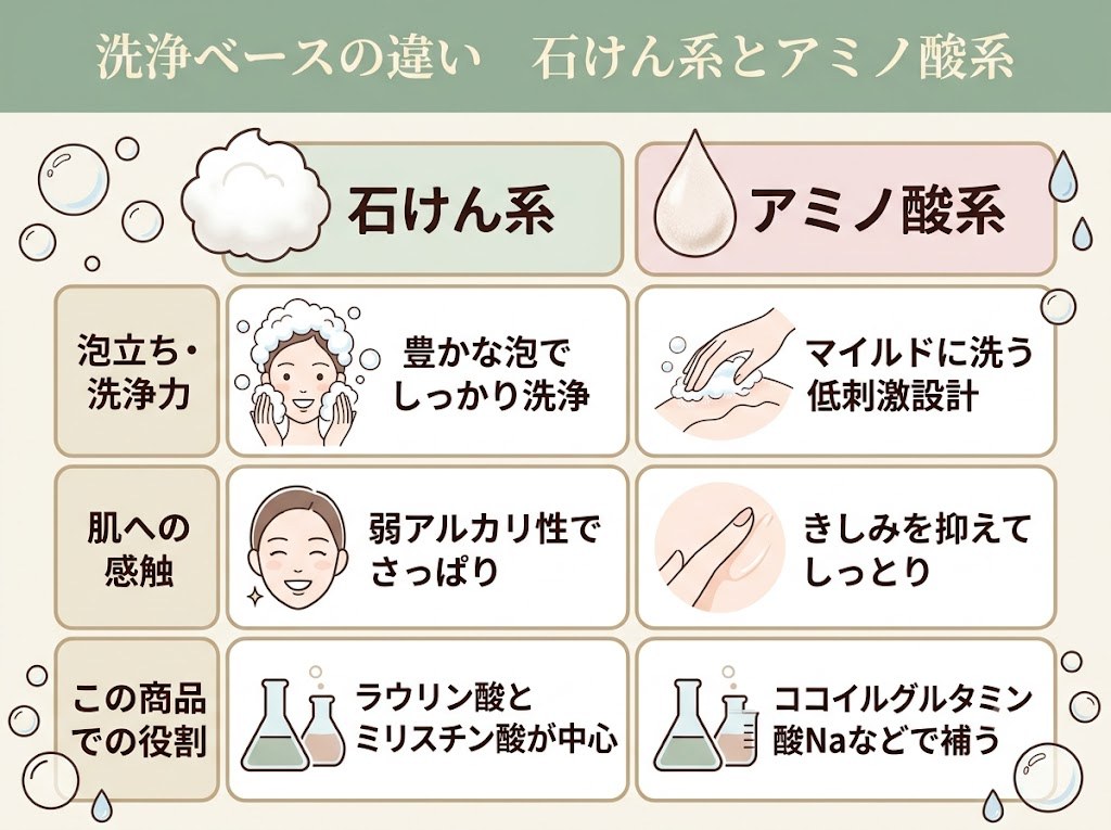 石けん系洗浄成分とアミノ酸系洗浄成分の違いを示した比較図