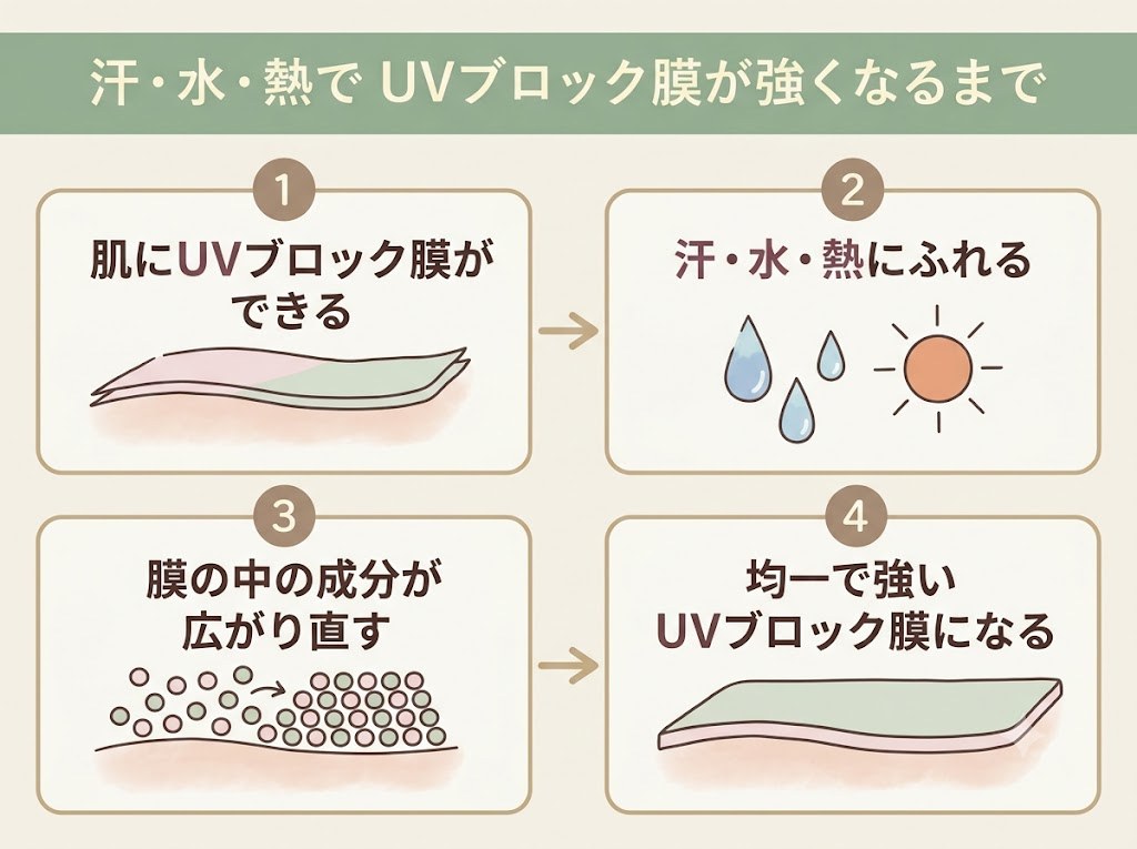 汗・水・熱をきっかけにUVブロック膜が強くなる4ステップの流れ図
