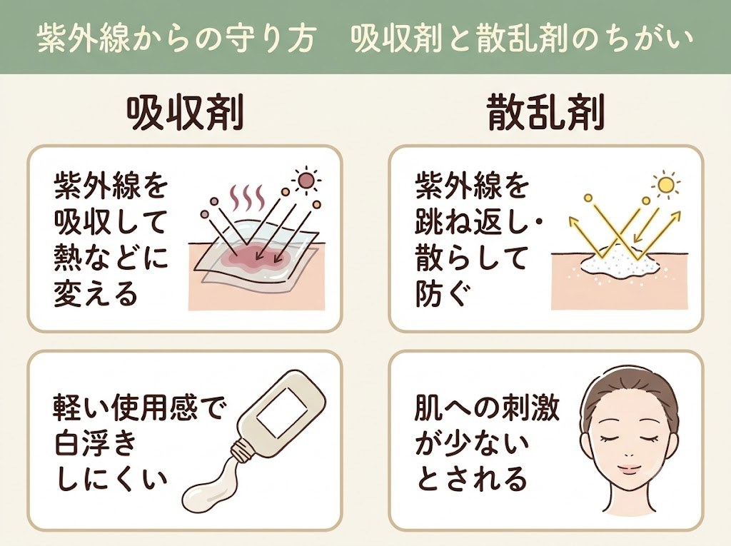 紫外線吸収剤と散乱剤、防ぎ方のちがいを示す比較図