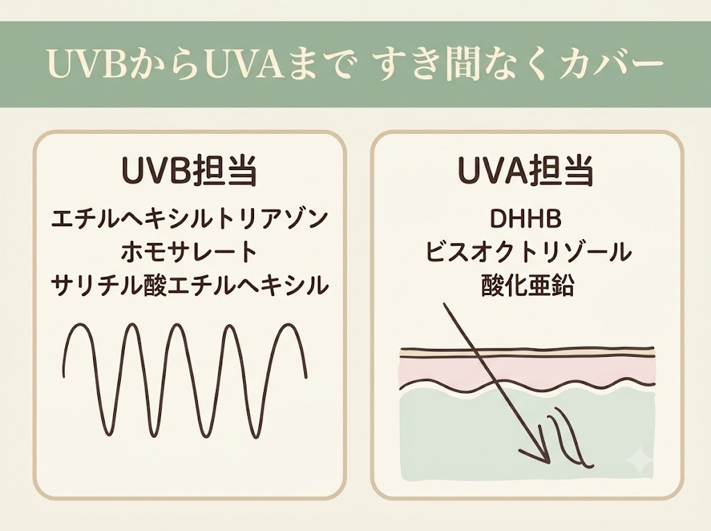 UVBとUVAをカバーするANESSAのフィルター配置を示す図