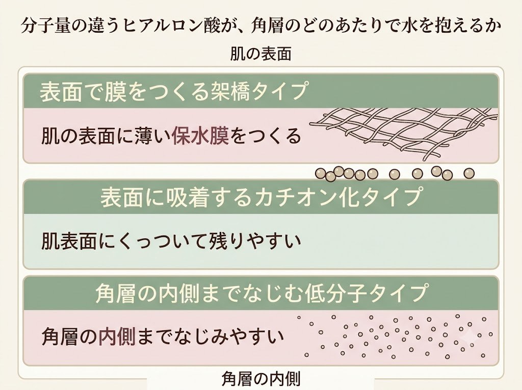 分子量・修飾の違うヒアルロン酸が角層のどのあたりで水を抱えるかを示す3層のイメージ図