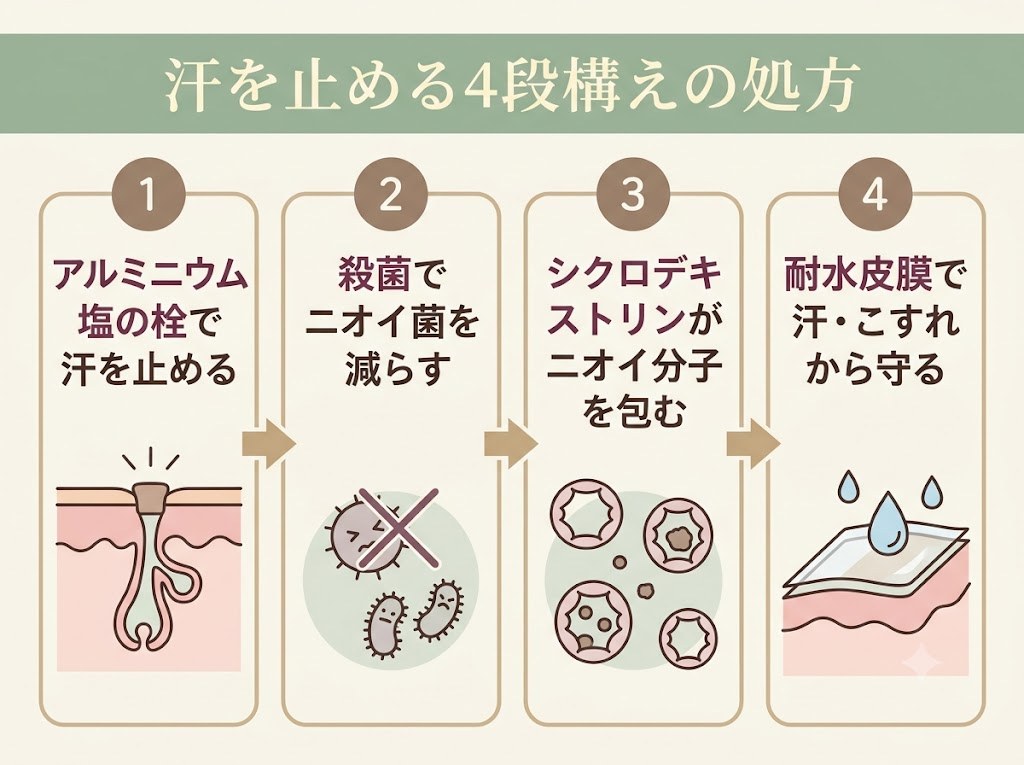アルミニウム塩の栓・殺菌・消臭・耐水皮膜という4段構えの処方を①から④の順に並べたフロー図
