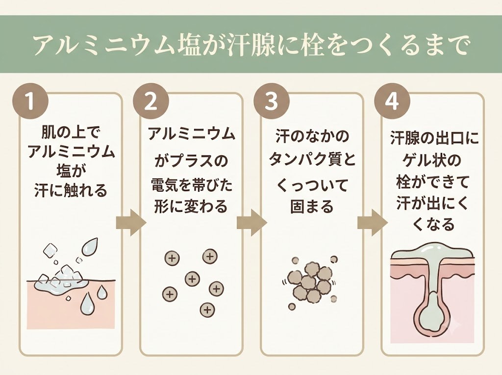 アルミニウム塩が汗腺の中で栓をつくるまでの4ステップを示したフロー図