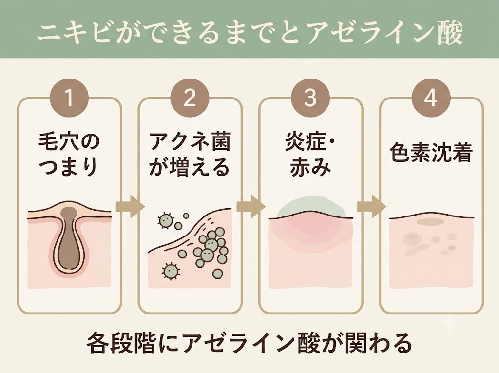 ニキビができるまでの4段階とアゼライン酸が関わるポイントを示すフロー図