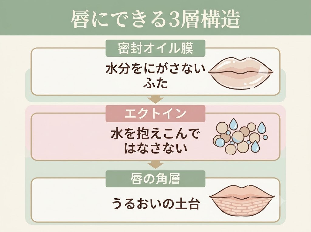 唇の角層の上にエクトインを含む層、さらにその外側を密封オイル膜がおおう3層構造を示した図