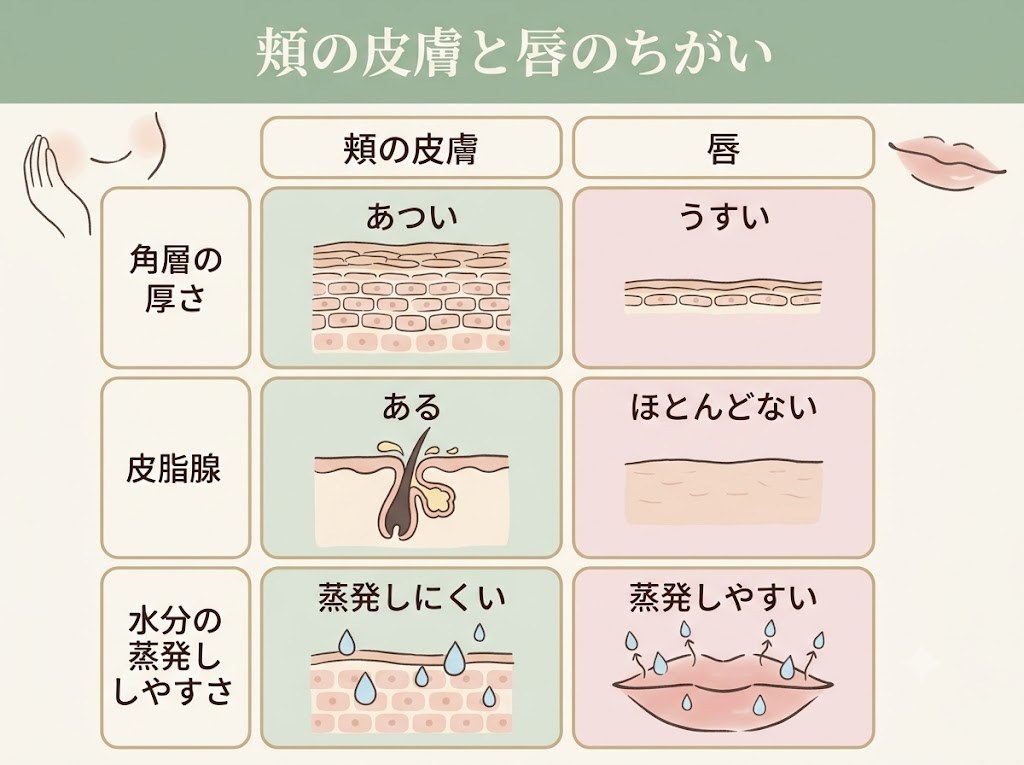 頬の皮膚と唇(赤唇部)の構造の違いを角層の厚さ・皮脂腺の有無・水分の蒸発しやすさで比較した図