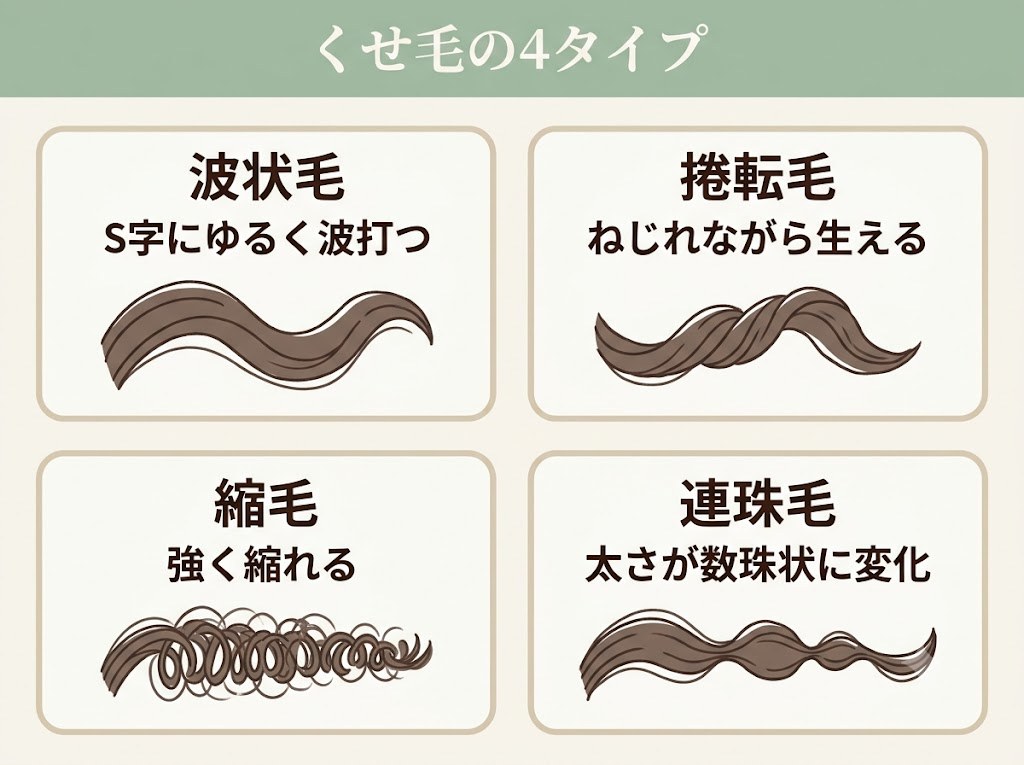 波状毛・捲転毛・縮毛・連珠毛のくせ毛4タイプを、毛の形の違いで比較したイラスト図