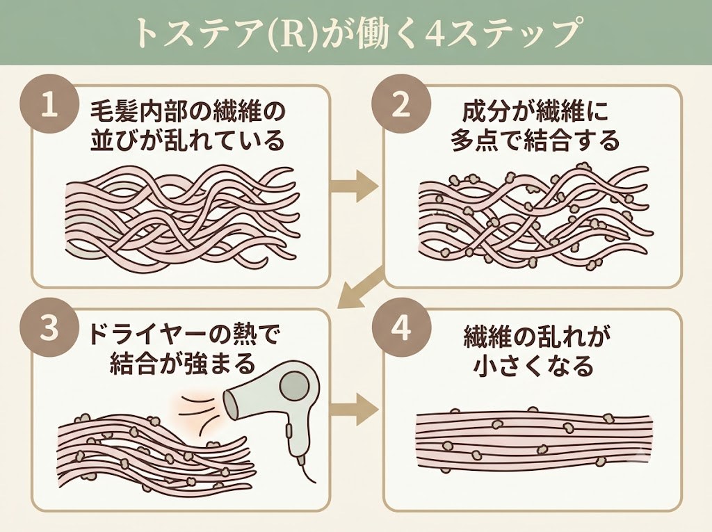 トステア(アミノエチルチオコハク酸ジアンモニウム)がケラチン繊維に結合し、熱でうねりを落ち着かせるまでの4ステップフロー図