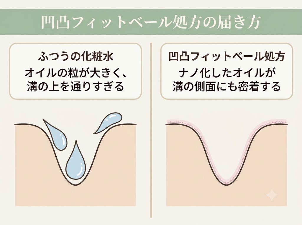ふつうの化粧水と凹凸フィットベール処方でシワの溝への届き方がどう違うかを示した比較図