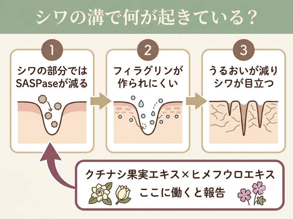 シワの部分でSASPaseが減りフィラグリンが作られにくくなりうるおいが落ちる流れと、クチナシ果実エキス×ヒメフウロエキスが働くと報告されている位置を示したフロー図