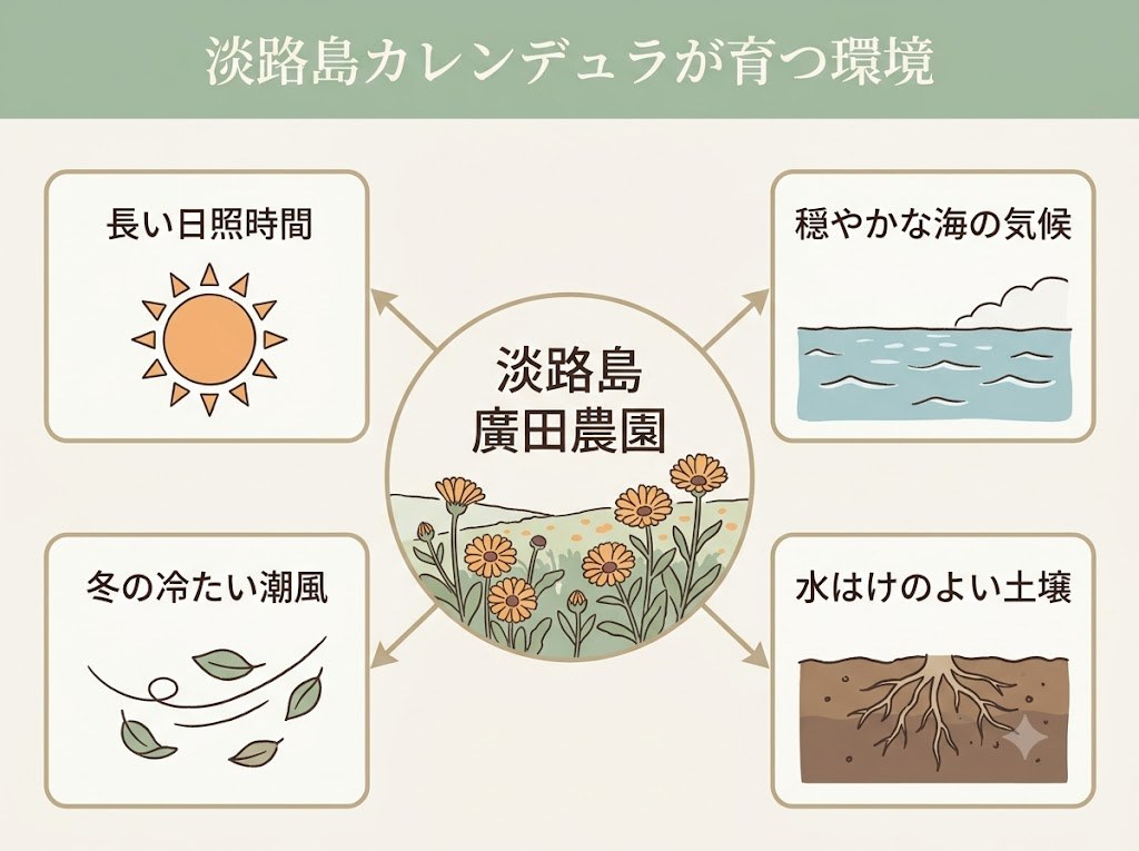 兵庫県淡路島・廣田農園でカレンデュラが育つ環境(日照・気候・土壌・潮風)を示した図解