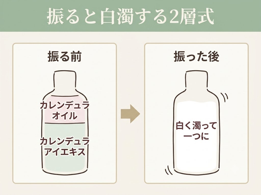 花びら由来のカレンデュラオイルとガク由来のカレンデュラアイエキスが8:2で2層になっており、振ると白く濁る様子を示した図解