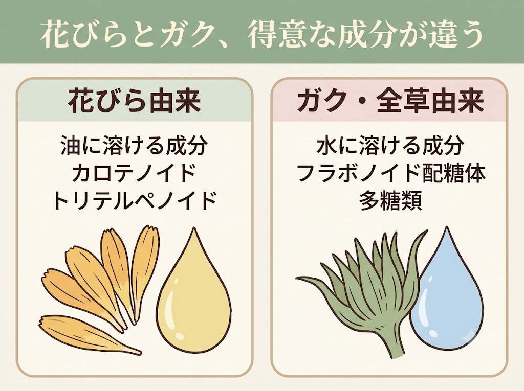 カレンデュラの花びら由来(油に溶ける成分)とガク・全草由来(水に溶ける成分)で得意なはたらきが違うことを示した比較図