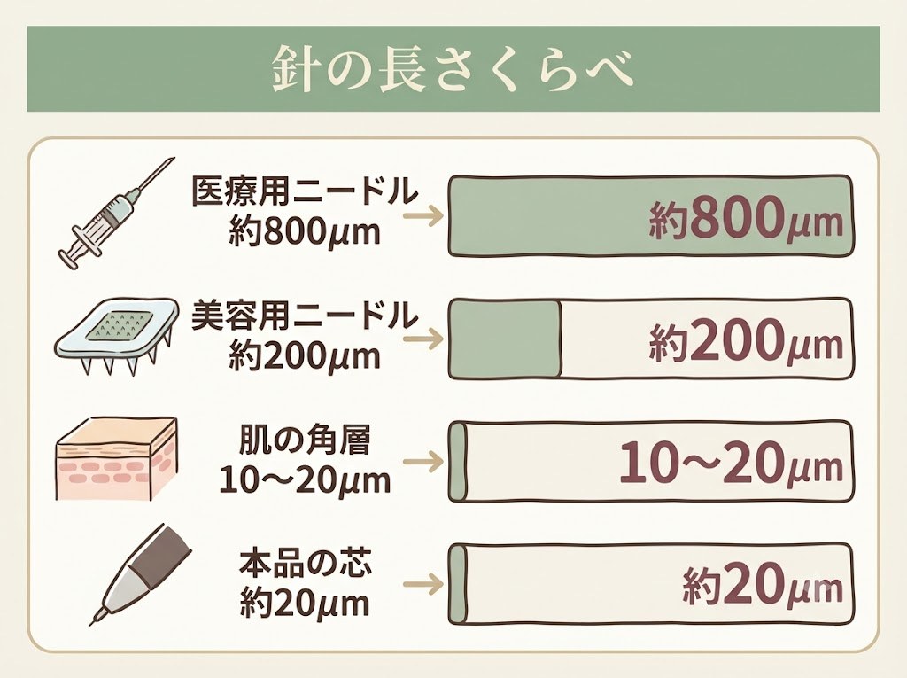 本品の芯・肌の角層・美容用マイクロニードル・医療用マイクロニードルの長さを比較した図解