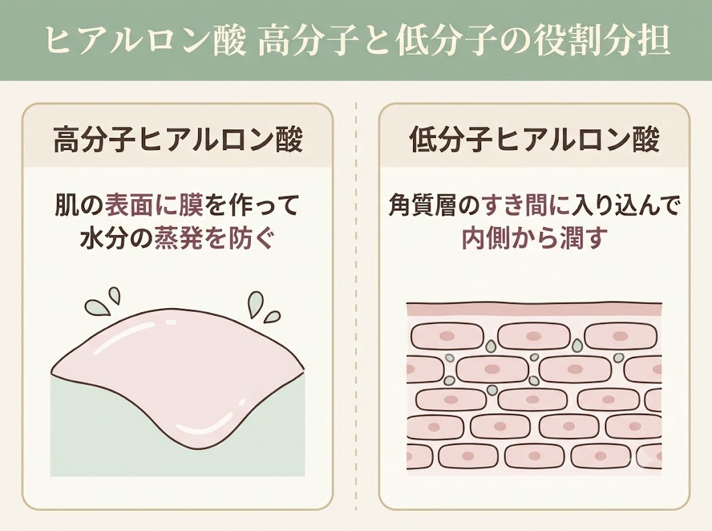 高分子ヒアルロン酸と低分子ヒアルロン酸の働きの違いを示した比較図。高分子は肌表面で膜を作り、低分子は角質層内部まで入り込む