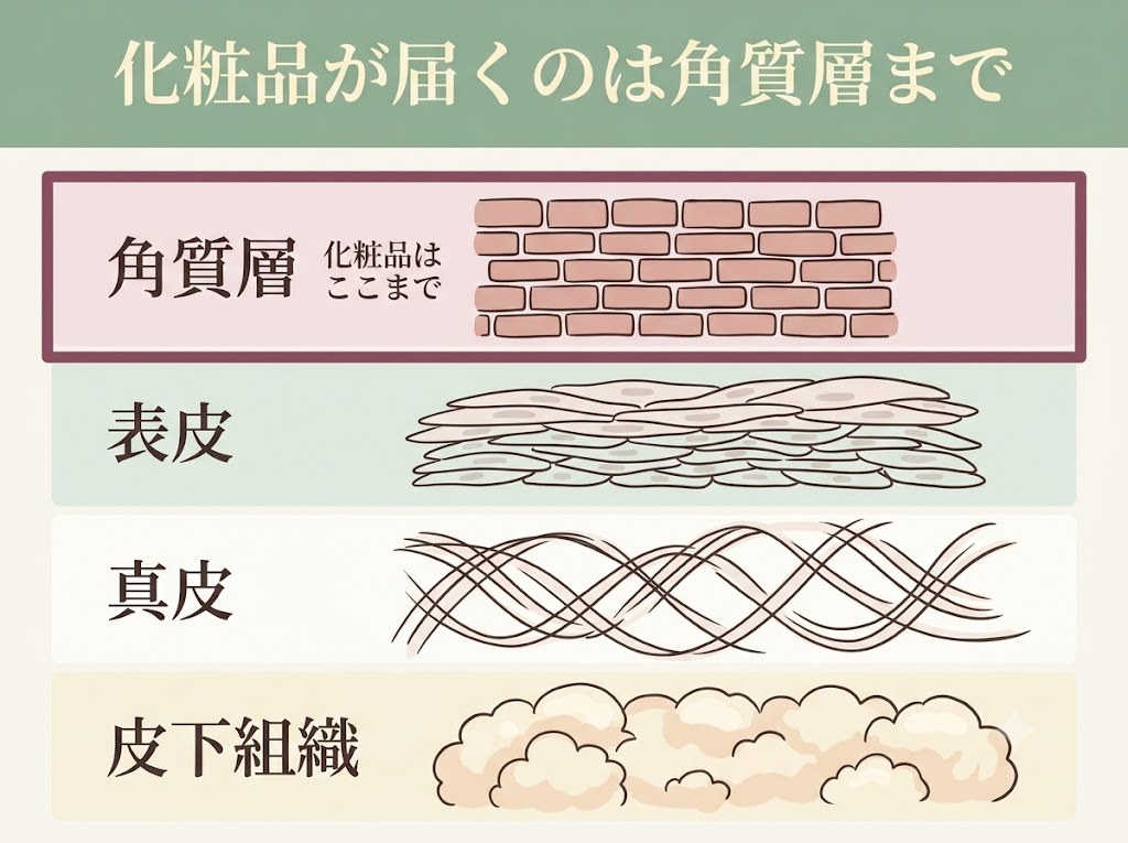 皮膚の断面図。角質層・表皮・真皮・皮下組織の4層のうち、化粧品が届くのは一番外側の角質層までであることを示す模式図