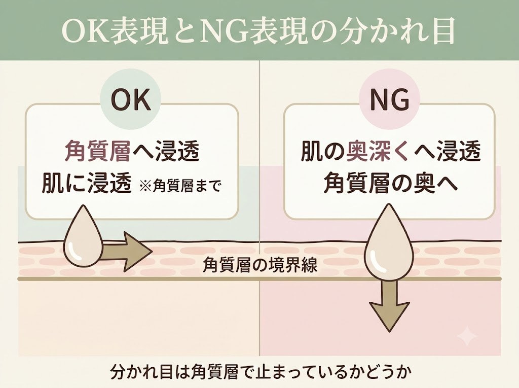 OK表現とNG表現の対比図。OK側は角質層のラインで止まる矢印としずく、NG側は角質層のラインを越えて真皮まで入り込む矢印としずくで、分かれ目が角質層で止まっているかどうかであることを示す