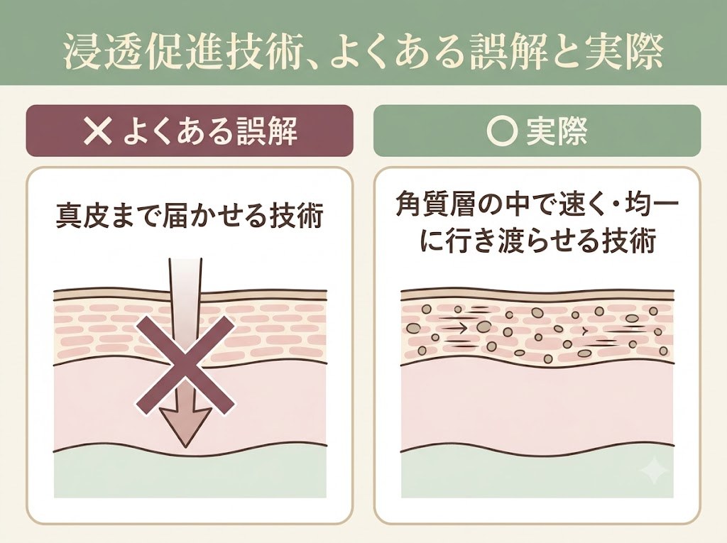 浸透促進技術についてのよくある誤解と実際の違いを示した対比図。真皮まで届かせる技術ではなく、角質層内での効率化技術であることを示す