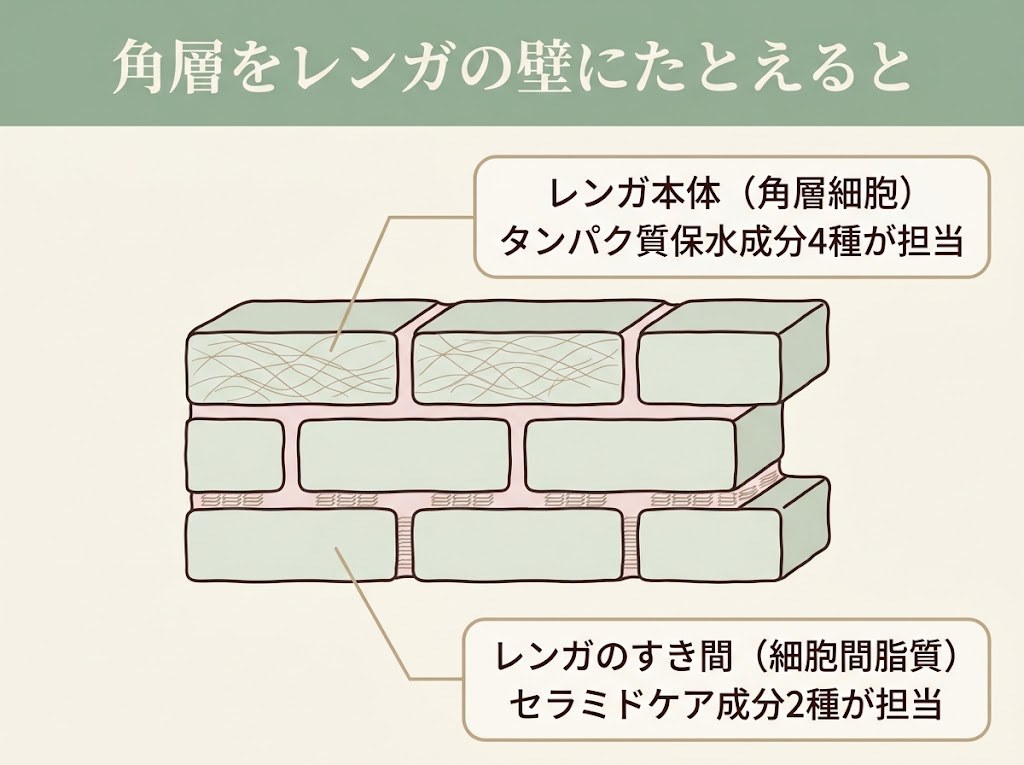 角層をレンガの壁にたとえ、レンガ本体をタンパク質保水成分4種、すき間のモルタルをセラミドケア成分2種が担当することを示した図