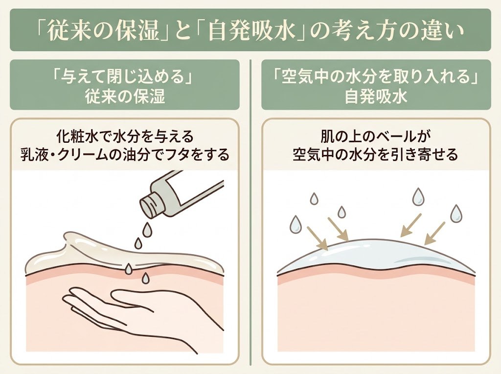 「与えて閉じ込める」従来の保湿と「空気中の水分を取り入れる」自発吸水の考え方の違いを示した比較図