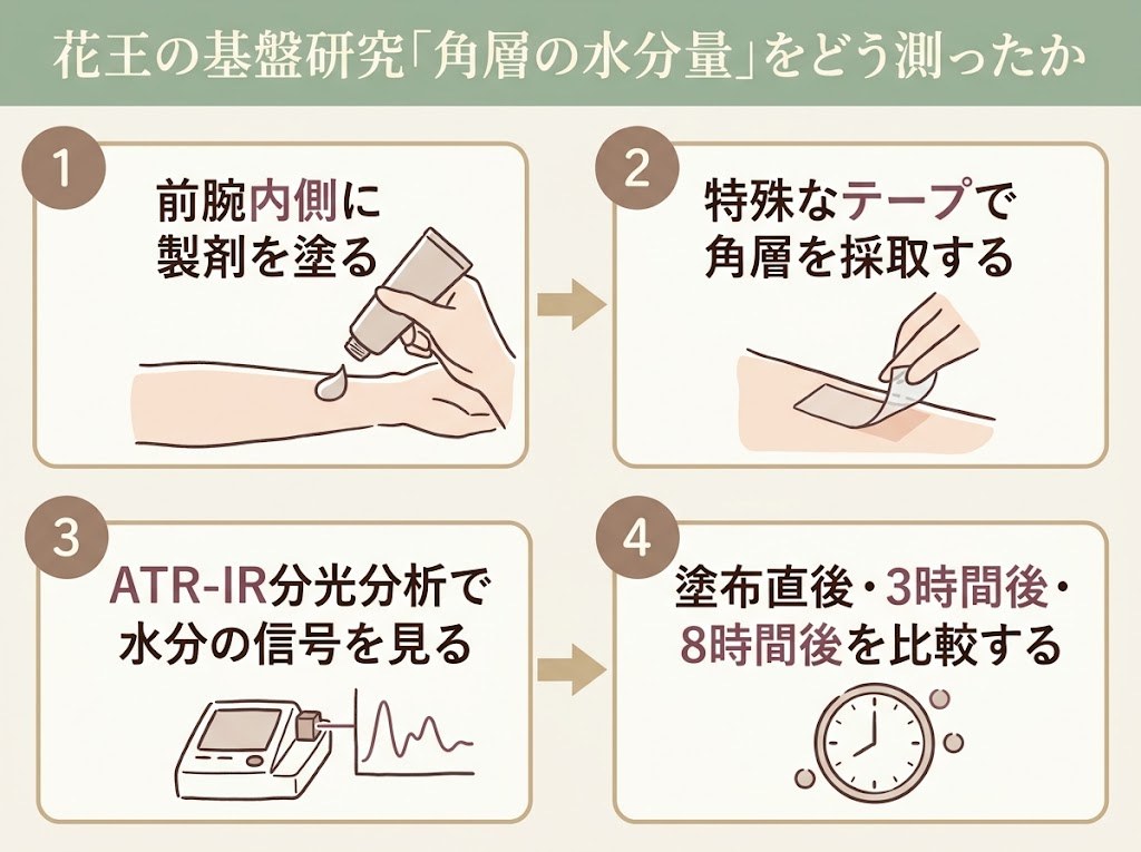 花王の基盤研究「Water Capturing Skin」で角層の水分量をどう測定したかを示すフロー図