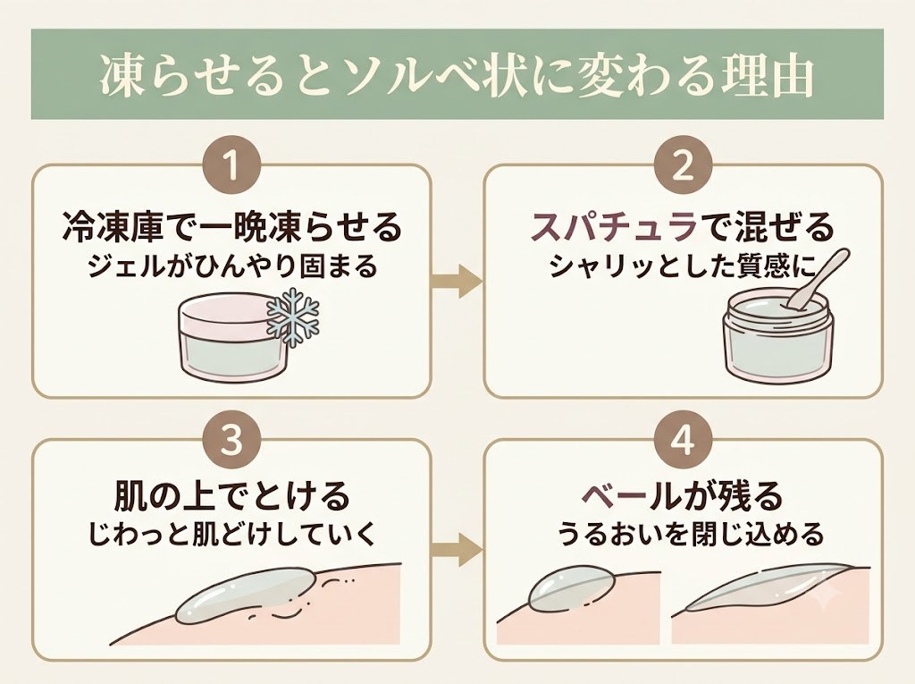 凍らせる、スパチュラで混ぜる、肌の上でとける、ベールが残る、の4ステップを示すフロー図