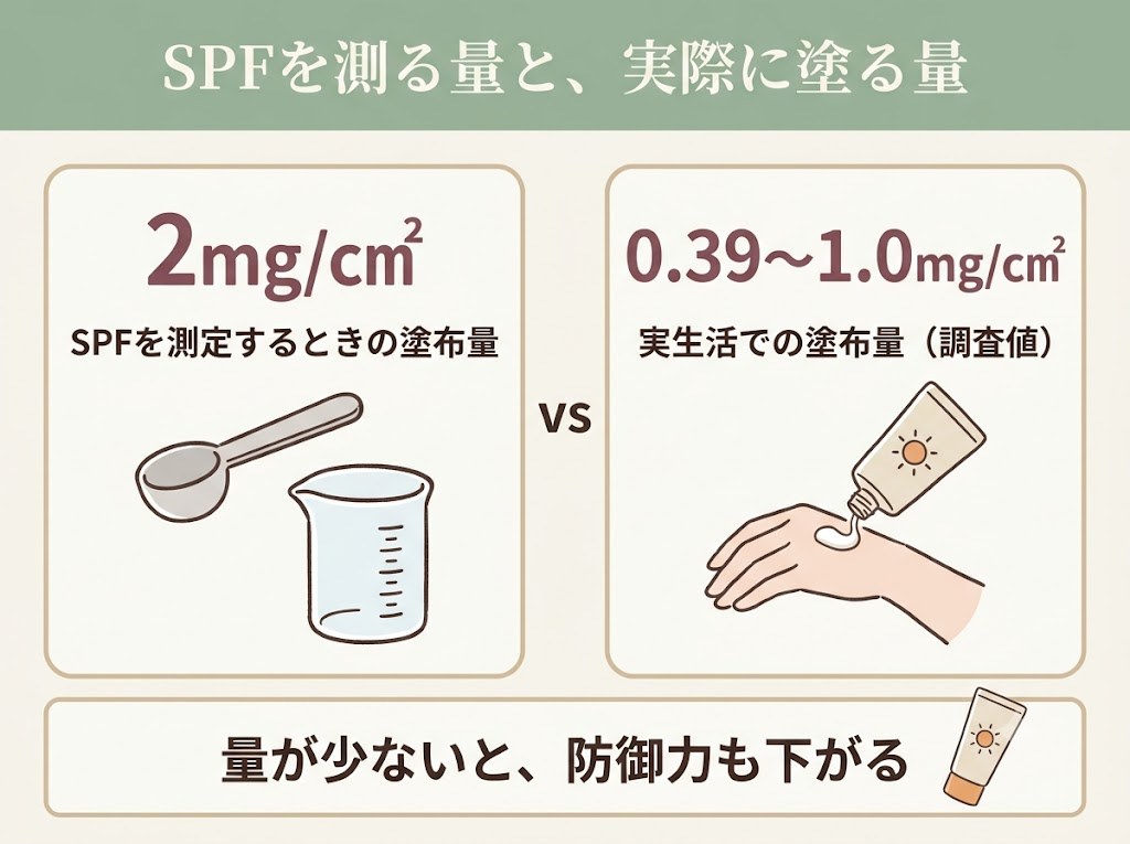 SPFの測定条件2mg/cm2と実生活での塗布量0.39〜1.0mg/cm2を比べた数値カード図
