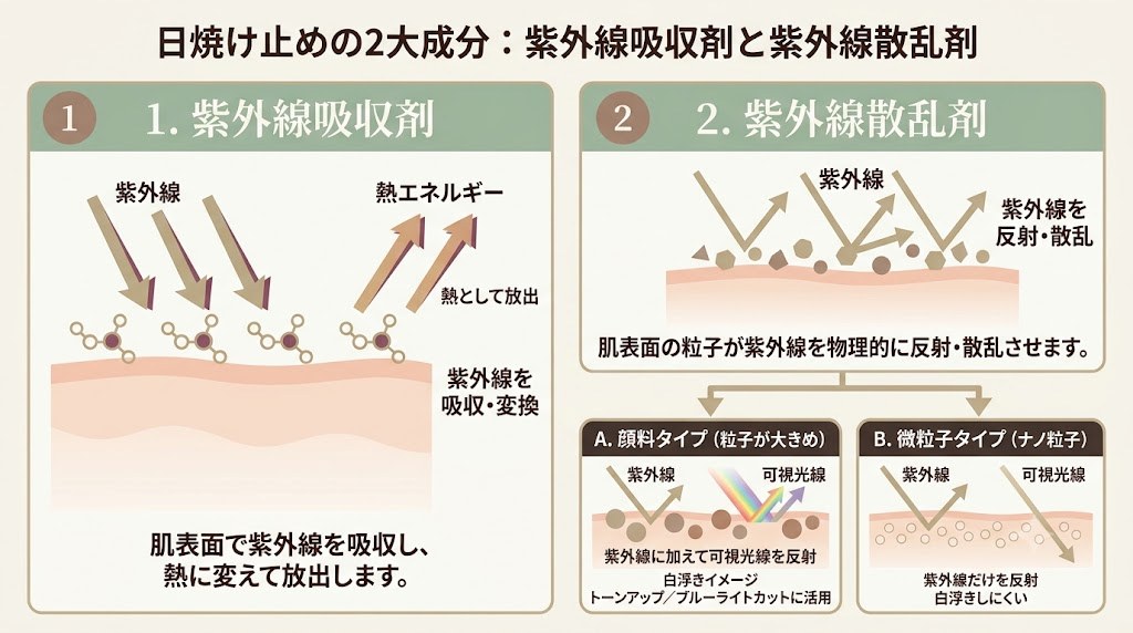 紫外線吸収剤と紫外線散乱剤（顔料タイプ・微粒子タイプ）の関係を示した比較図