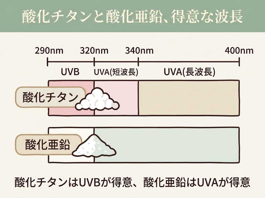 酸化チタンと酸化亜鉛が得意とする紫外線の波長域の違いを示した目安バー図