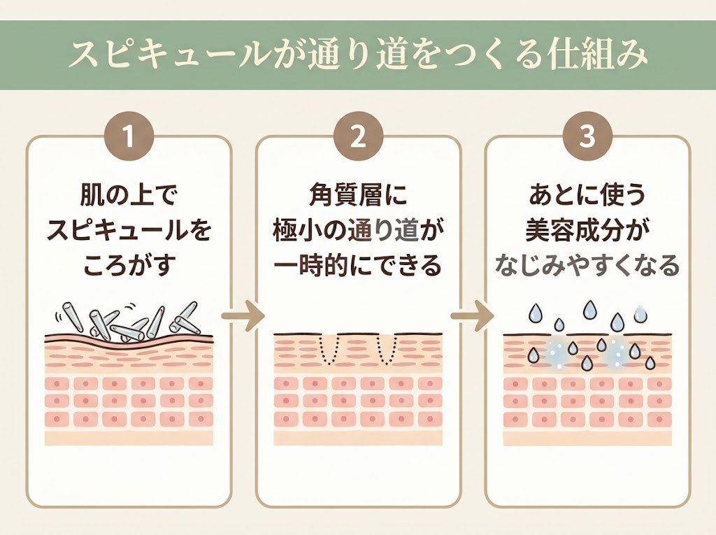 スピキュールが肌の上でころがり、角質層に一時的な通り道をつくって美容成分がなじみやすくなるまでの3ステップの流れ図