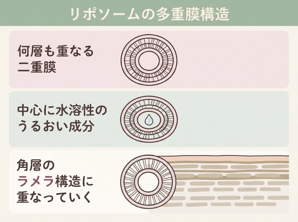 親水性多重層バイオリポソームの断面と、角層のラメラ構造との重なりを示したレイヤー図
