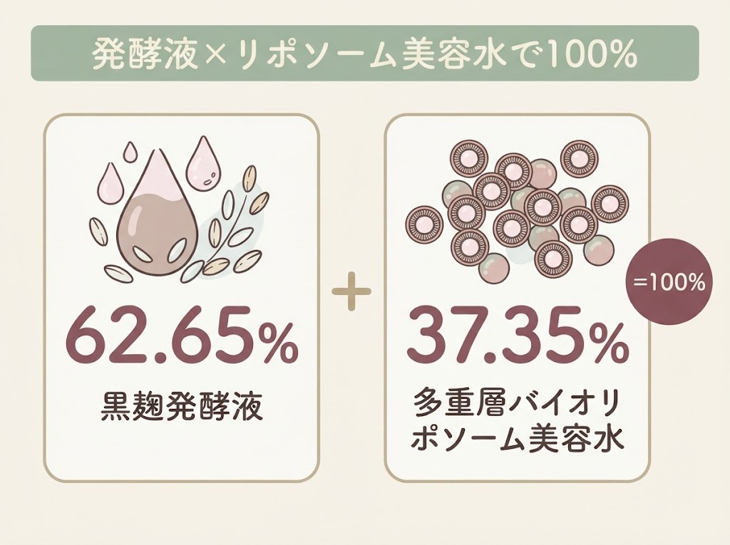 黒麹発酵液62.65%と多重層バイオリポソーム美容水37.35%を大きな数字カードで示した図