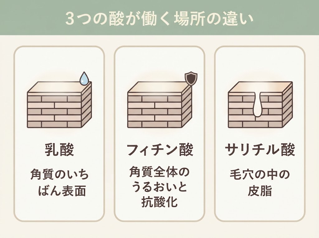 乳酸・フィチン酸・サリチル酸がそれぞれ働く場所の違いを示した比較図