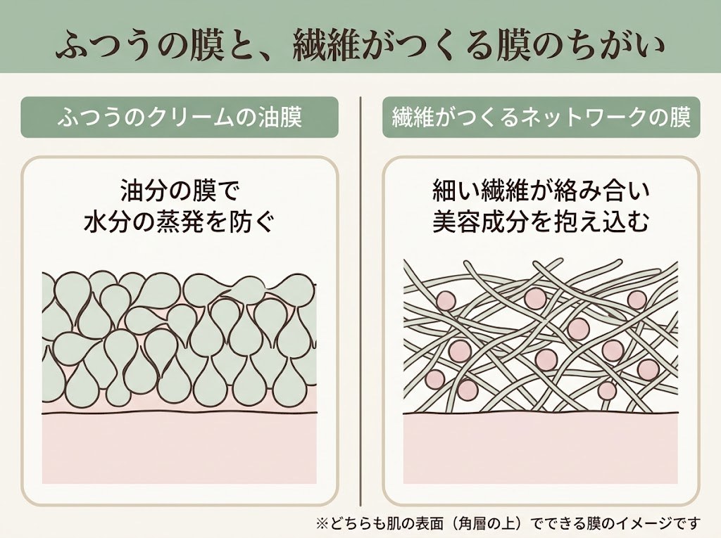 ふつうのクリームの油膜と、解砕型マイクロファイバーがつくる繊維ネットワークの膜の違いを示す比較図