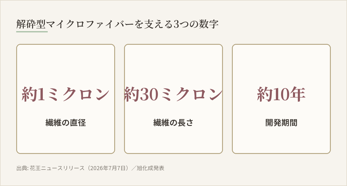 解砕型マイクロファイバーの繊維径・繊維長・開発期間を示す数値カード