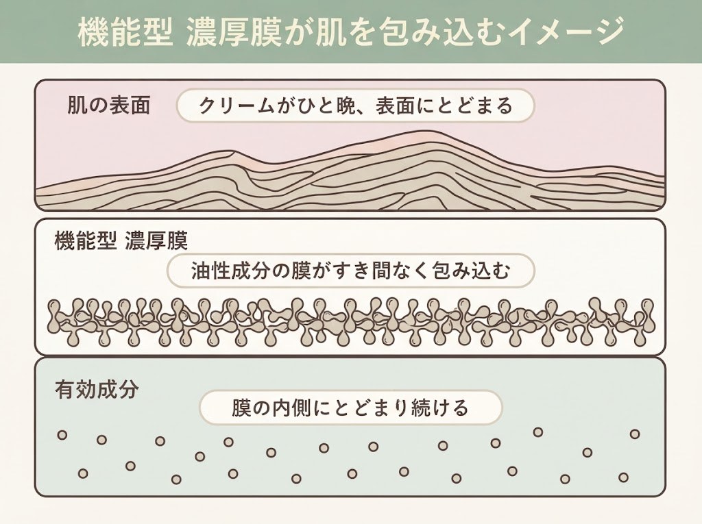 機能型濃厚膜が肌の表面を覆い、その下で有効成分をとどめる3層構造のイメージ図