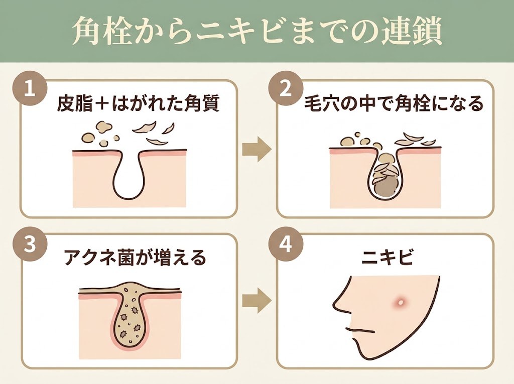 皮脂とはがれた角質が毛穴で角栓になり、アクネ菌が増えてニキビにつながる4ステップの連鎖を示したフロー図