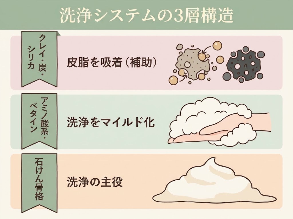 洗顔料の洗浄システムを3層で示した図解。石けん骨格が洗浄の主役、アミノ酸系・ベタインがマイルド化、クレイ・炭・シリカが吸着の補助