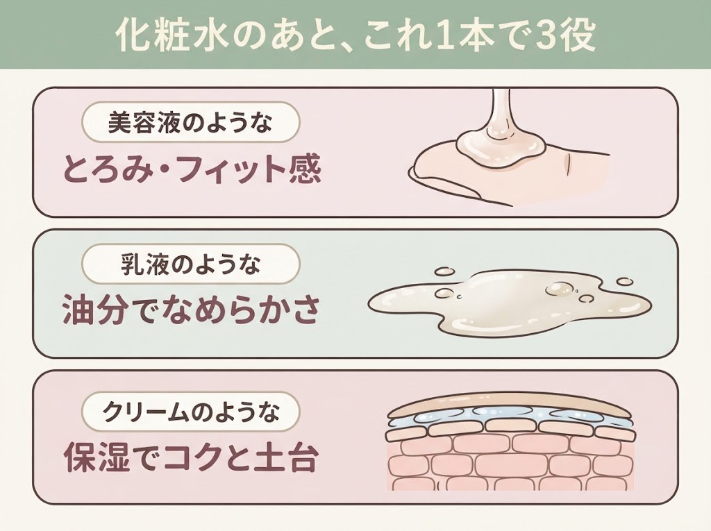 化粧水のあと、この1本が美容液・乳液・クリームの3役を重ねて担う処方の層を示した図