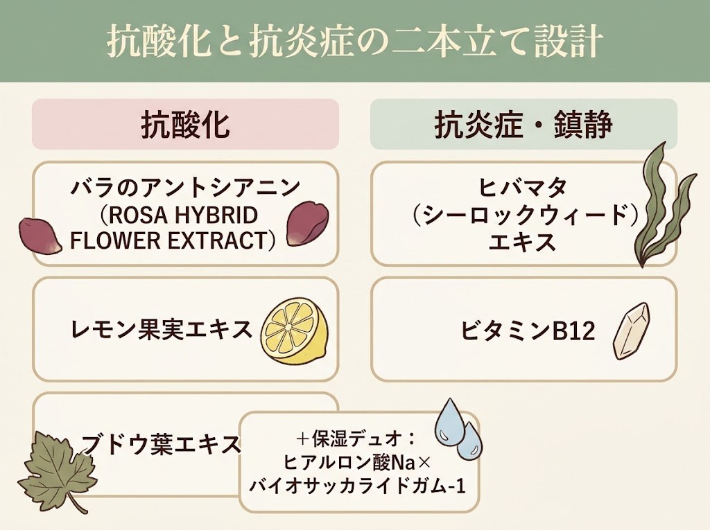 抗酸化チームと抗炎症・鎮静チームの二本立て設計を示す比較図