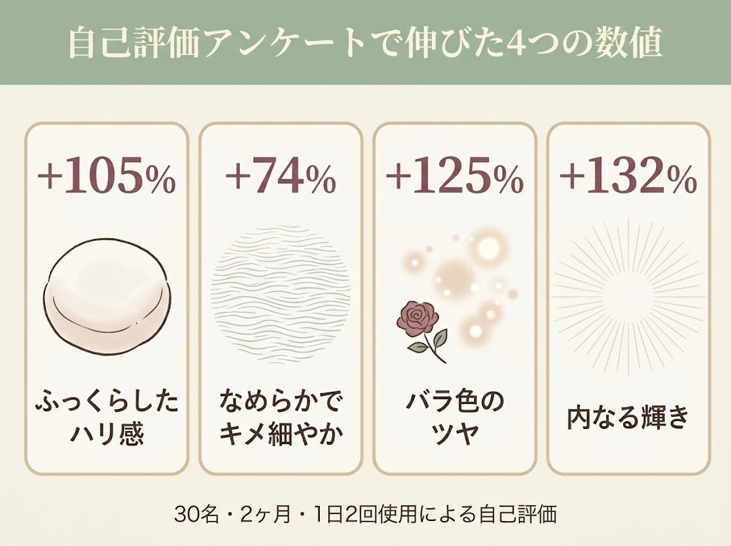 自己評価試験で伸びた4つの数値を大きな数字カードで示した図
