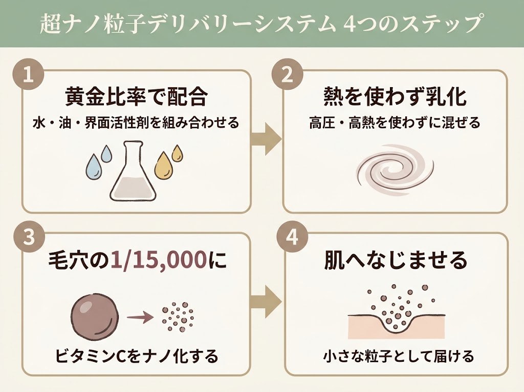 高圧・高熱を使わず黄金比率でビタミンCをナノ化して肌に届けるまでの4ステップを示したフロー図